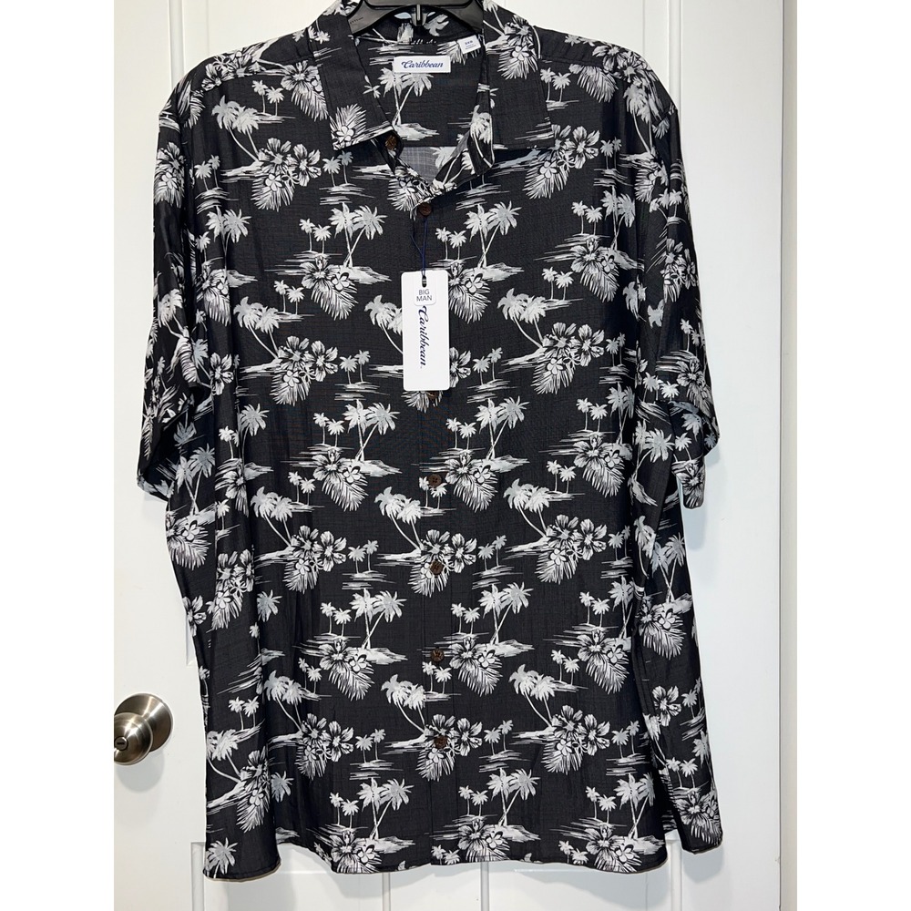 NEW Caribbean Roundtree & Yorke Mens 3XB Black White Palm Tree Modal Camp Shirt